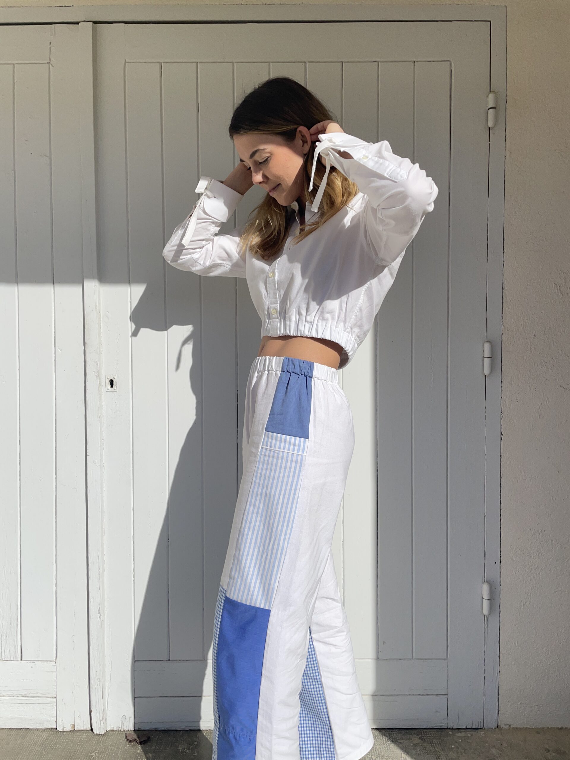 Pantalon patchwork irrégulier à poches de couleur unie à la mode
